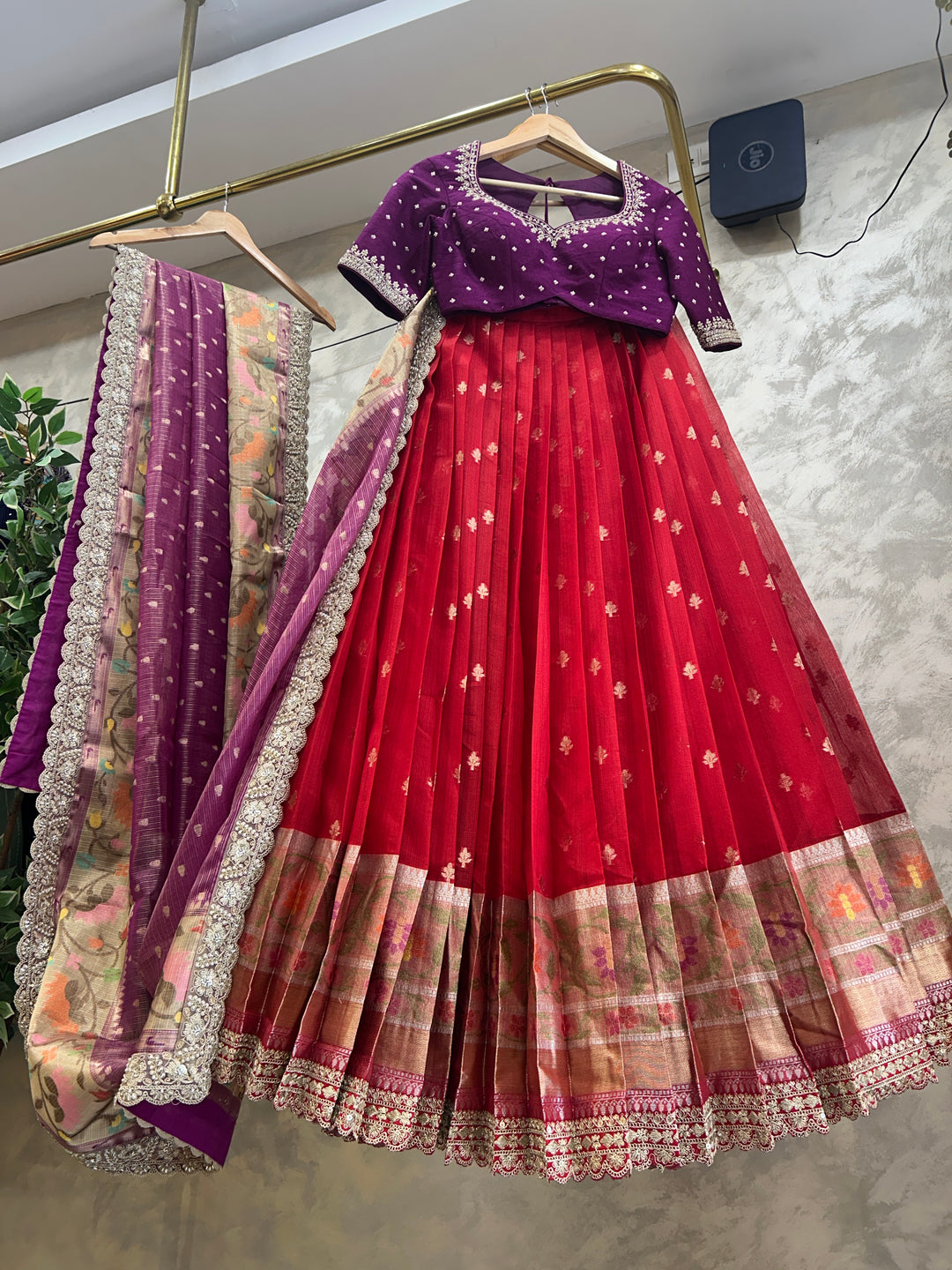 Purple and Red Kota Silk Lehenga