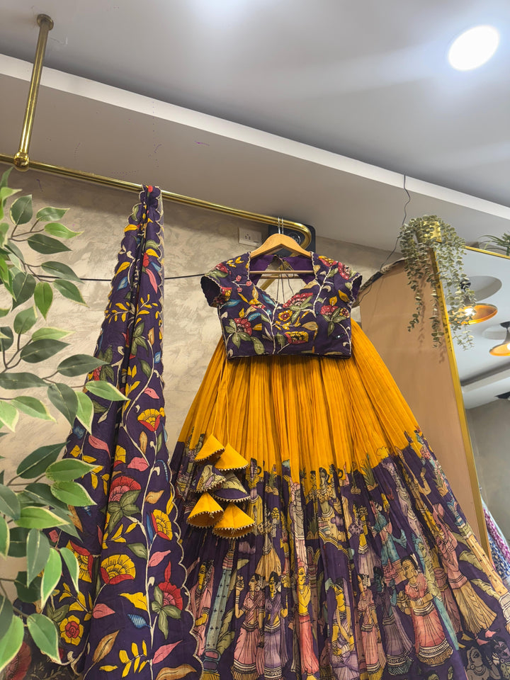 Purple and Yellow Pen Kalamkari Lehenga
