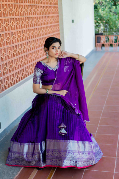 Stunning Purple Mangalgiri Lehenga with intricate traditional patterns, perfect for weddings and festive occasions.