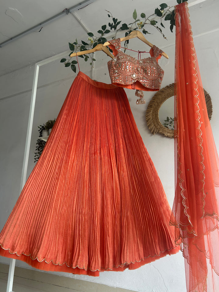 Peachish Orange Tissue Lehenga