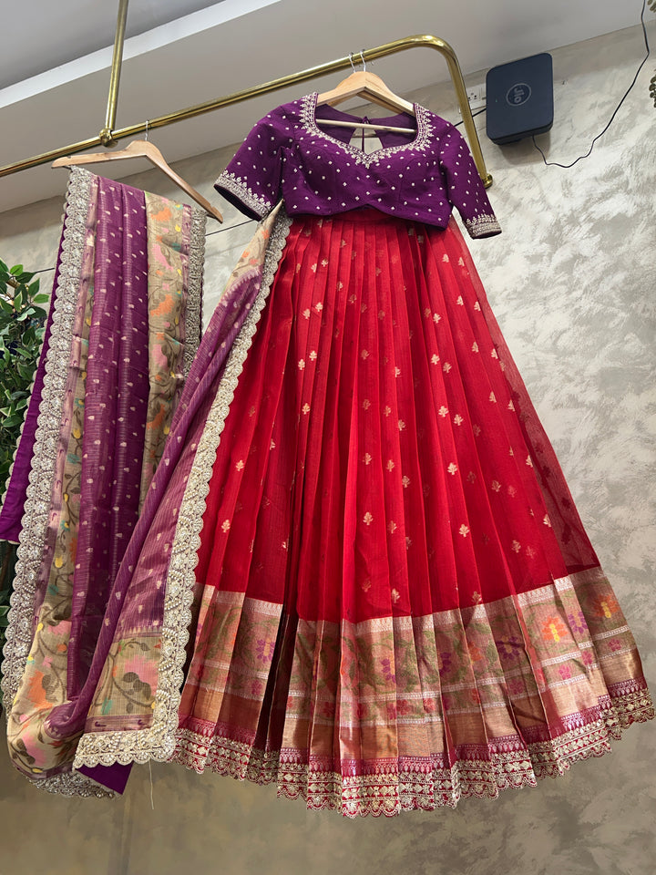 Purple and Red Kota Silk Lehenga