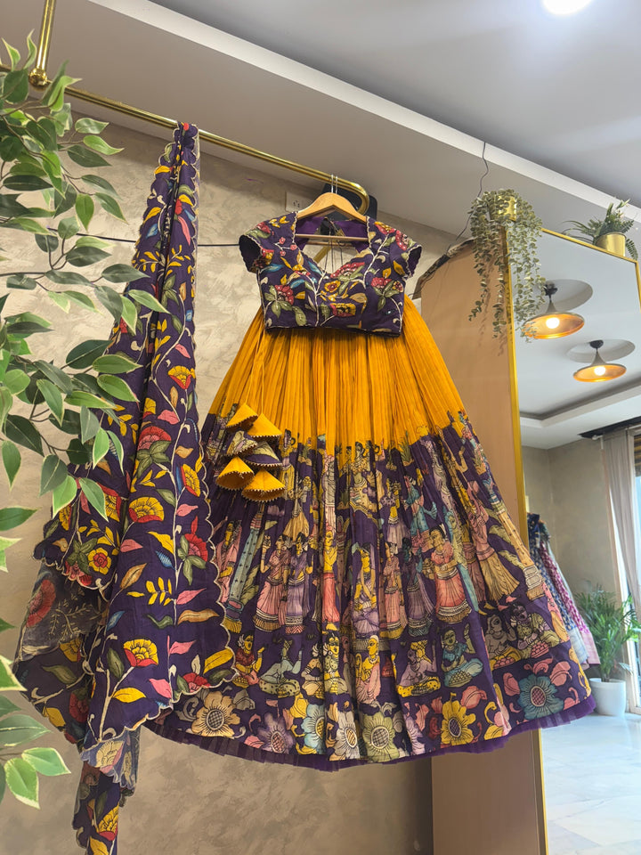 Purple and Yellow Pen Kalamkari Lehenga