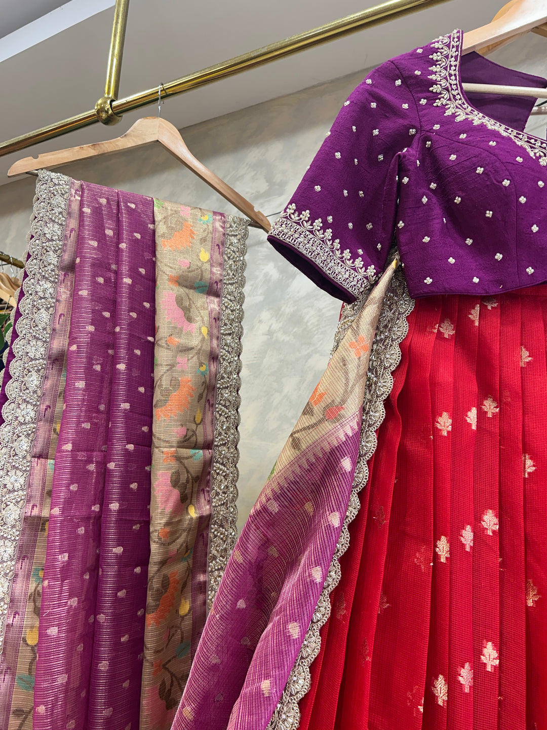 Purple and Red Kota Silk Lehenga