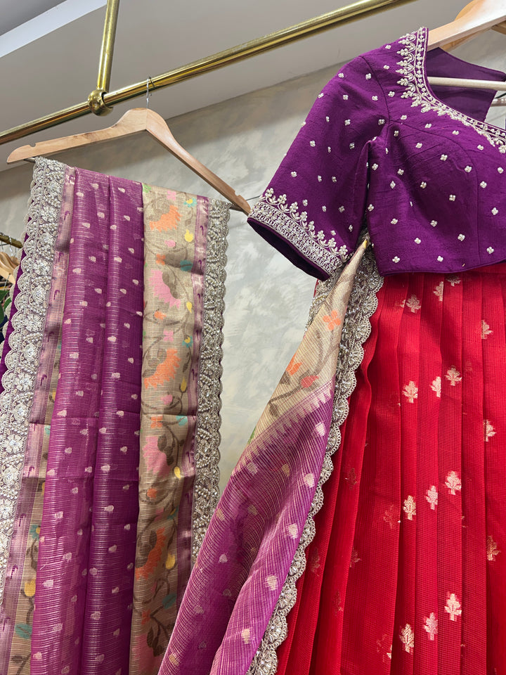 Purple and Red Kota Silk Lehenga