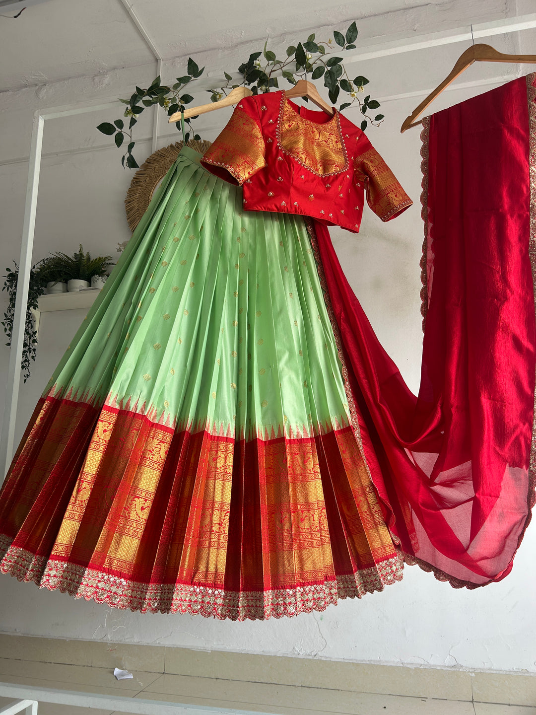 Green & Red Silk Lehenga