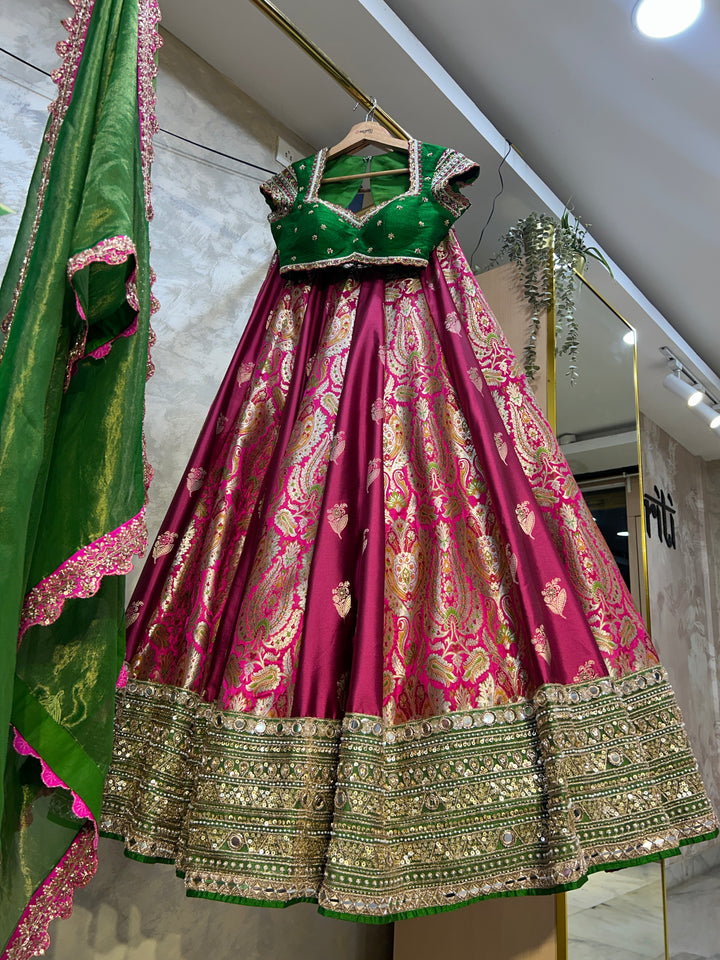 Pink & Green Banaras Silk Lehenga