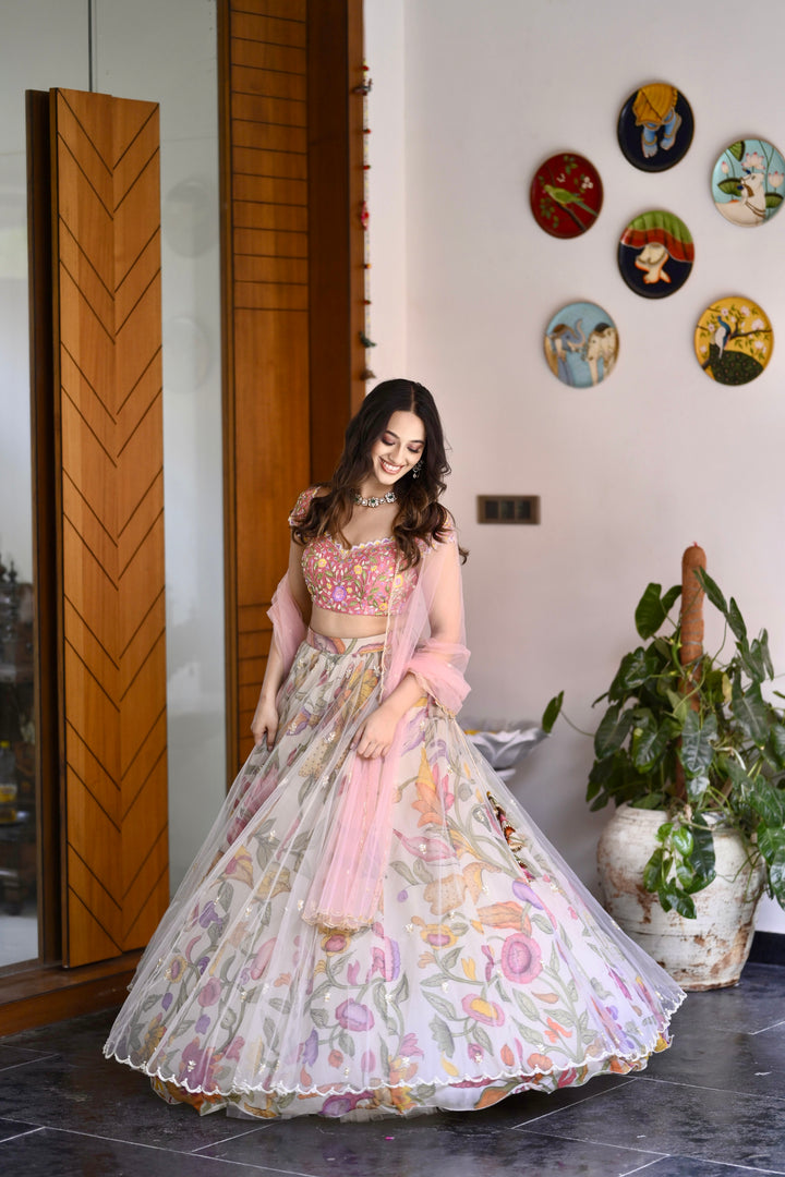 Pink & Cream Organza Silk Pen Kalamkari Lehenga