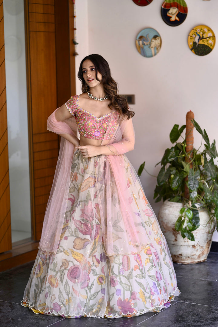 Pink & Cream Organza Silk Pen Kalamkari Lehenga