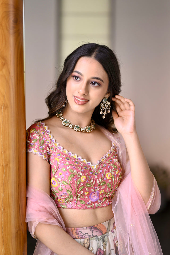 Pink & Cream Organza Silk Pen Kalamkari Lehenga