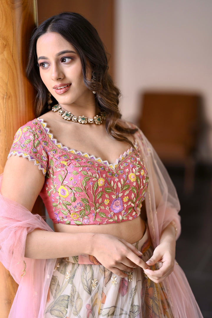 Pink & Cream Organza Silk Pen Kalamkari Lehenga