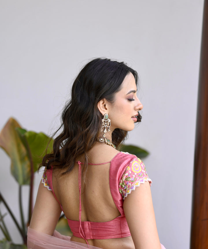 Pink & Cream Organza Silk Pen Kalamkari Lehenga