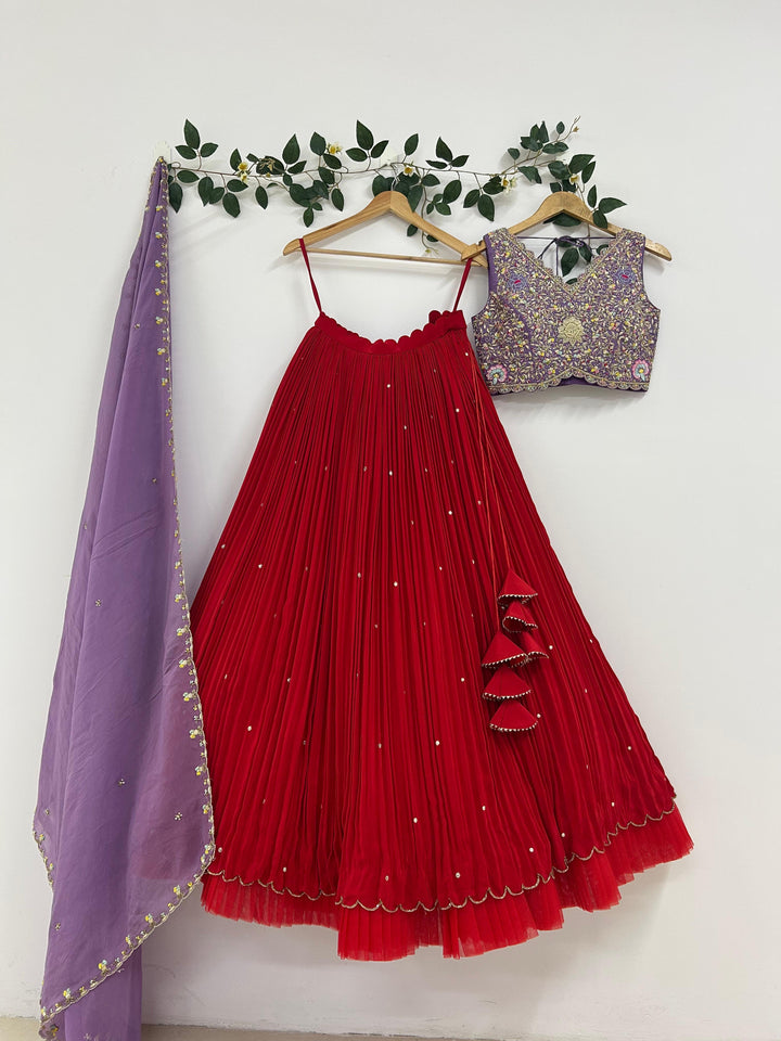 Red Natural Crape Silk Lehenga