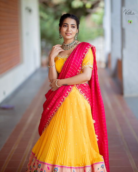 Vibrant Yellow Paithani Lehenga on myRiti, showcasing traditional Indian Paithani patterns with a modern twist, perfect for various festive occasions.