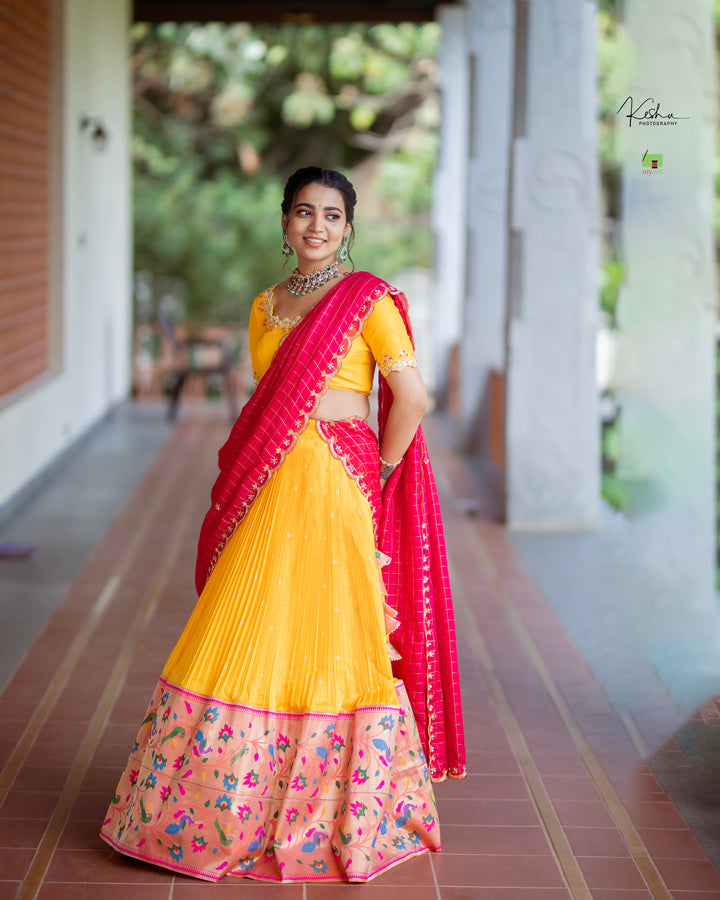 Vibrant Yellow Paithani Lehenga on myRiti, showcasing traditional Indian Paithani patterns with a modern twist, perfect for various festive occasions.