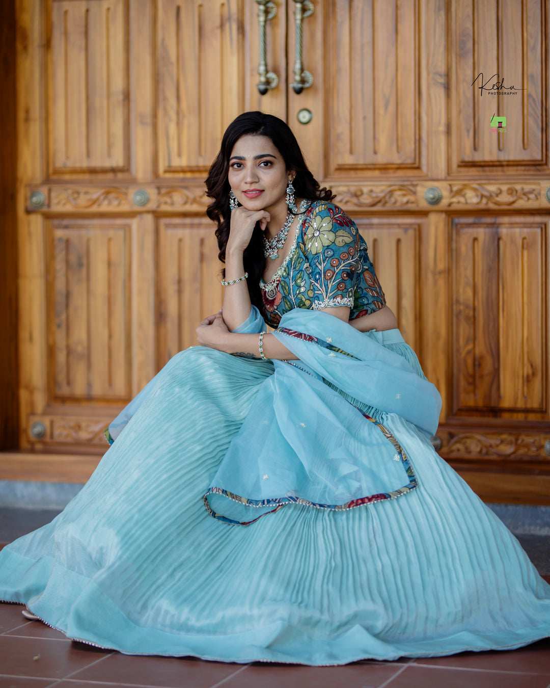 Elegant Powder Blue Tissue Lehenga from myRiti.com, featuring delicate embroidery on lightweight fabric, perfect for a sophisticated and modern look at any special event