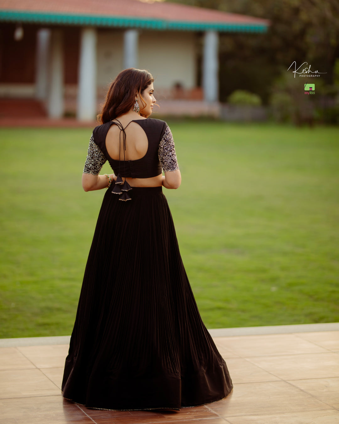 Elegant Black Lehenga in Natural Crape from myRiti.com, paired with a traditional Kalamkari Dupatta, showcasing a unique blend of contemporary style and classic artistry, perfect for ethnic fashion enthusiasts.