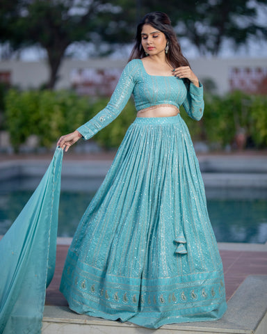 Powder Blue Chikankari Lehenga by myRiti, featuring intricate embroidery and a flowing skirt, perfect for weddings and festive occasions.