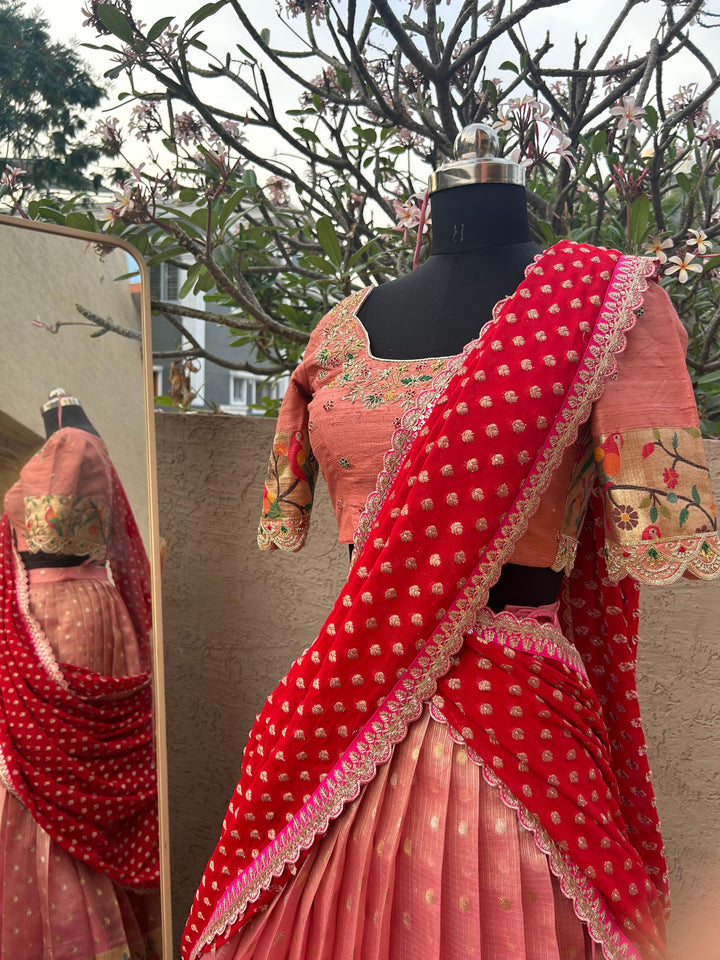 Peach & Red Pure Kota Silk Lehenga