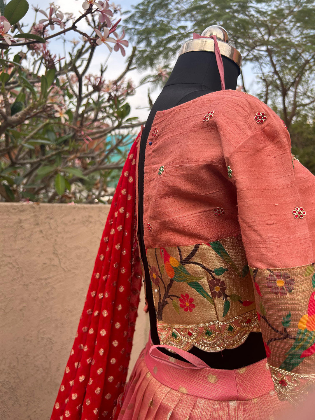 Peach & Red Pure Kota Silk Lehenga