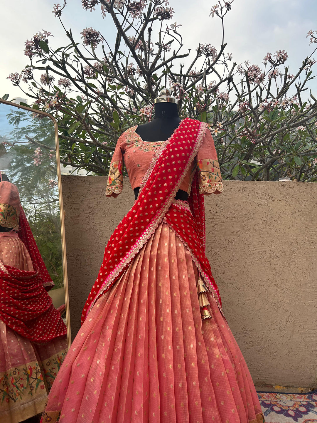 Peach & Red Pure Kota Silk Lehenga