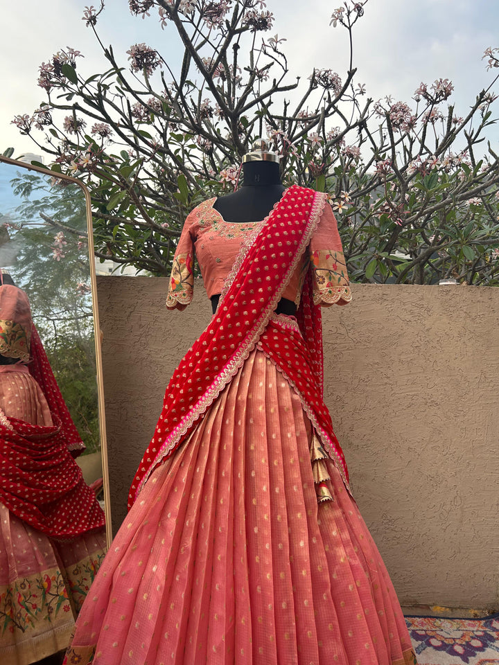 Peach & Red Pure Kota Silk Lehenga