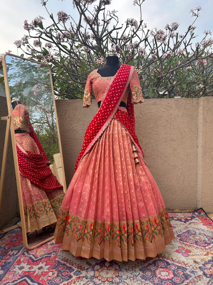 Peach & Red Pure Kota Silk Lehenga