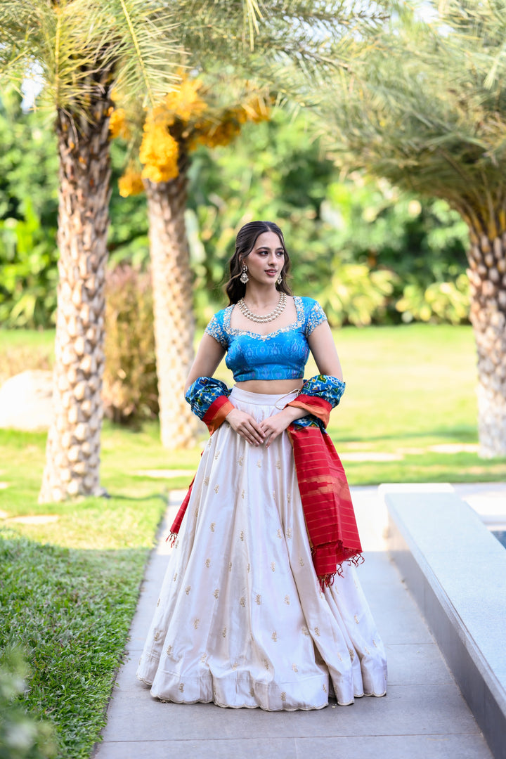 Blue & Cream Bridal Silk Lehenga