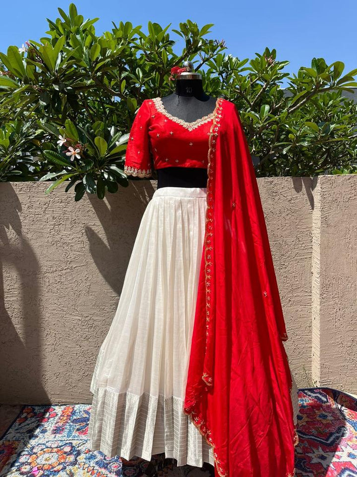 Red & White Mangalgiri Silk Lehenga