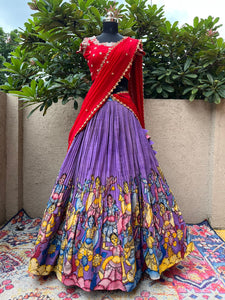 Luxurious Lavender Kalamkari Silk Lehenga by myRiti, showcasing elegant traditional patterns, ideal for modern ceremonial wear.