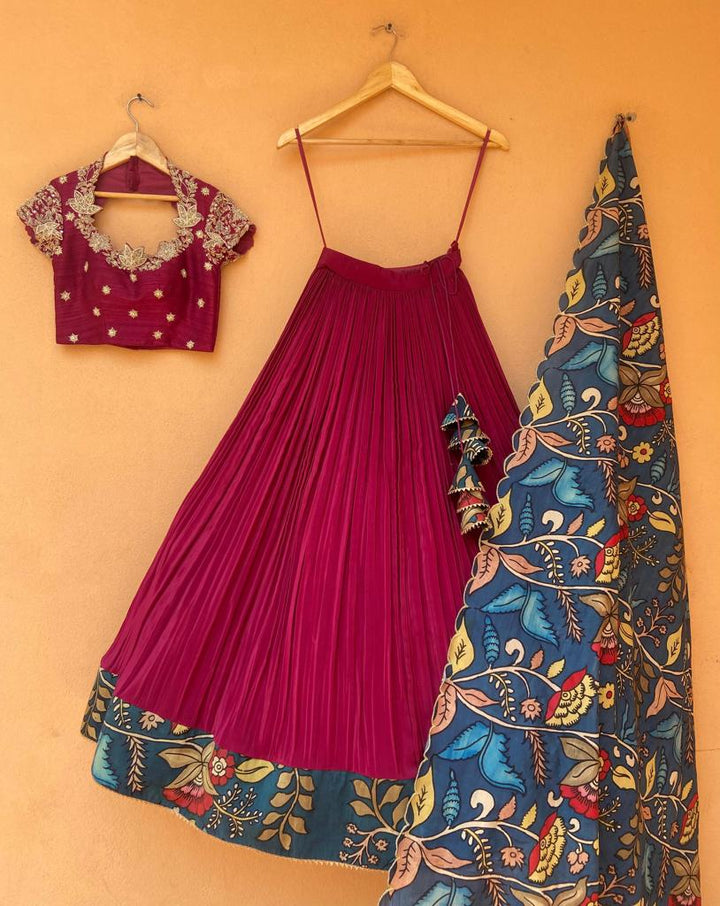 Magenta Natural Crape Silk Lehenga with Pure Kalamkari Dupatta