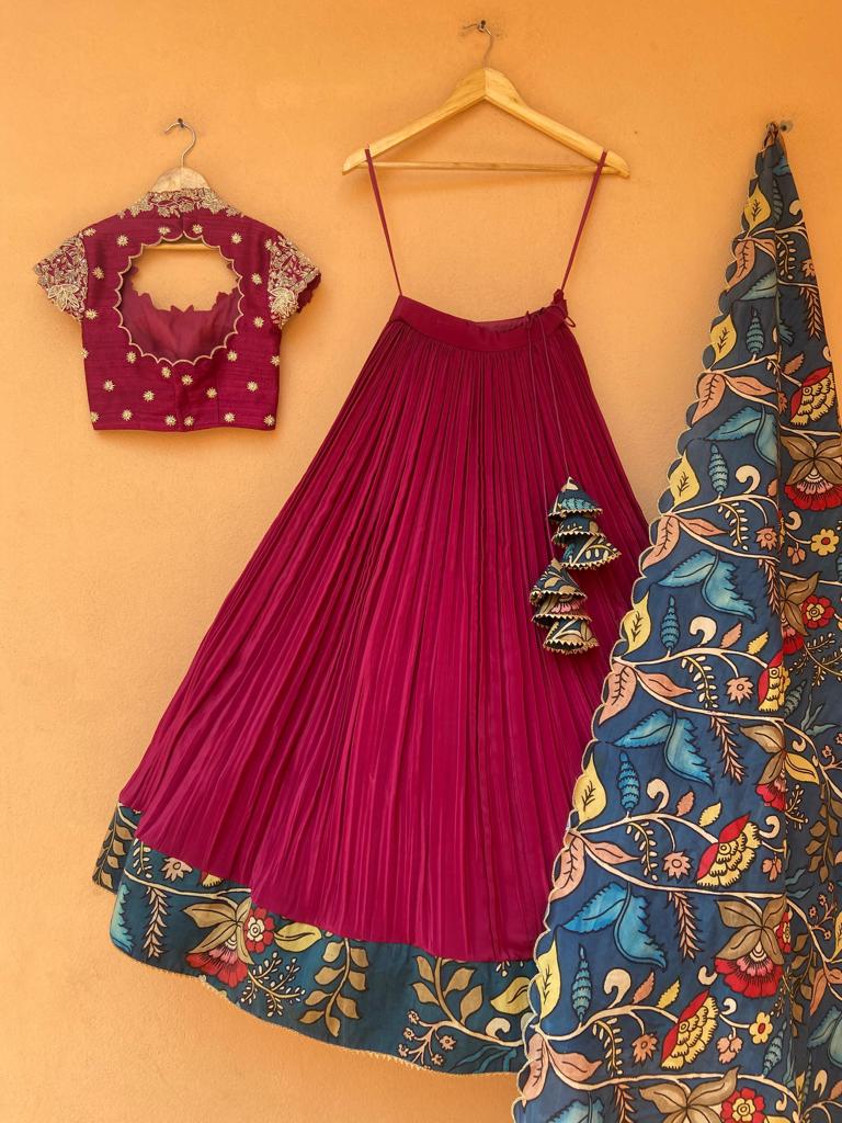 Magenta Natural Crape Silk Lehenga with Pure Kalamkari Dupatta