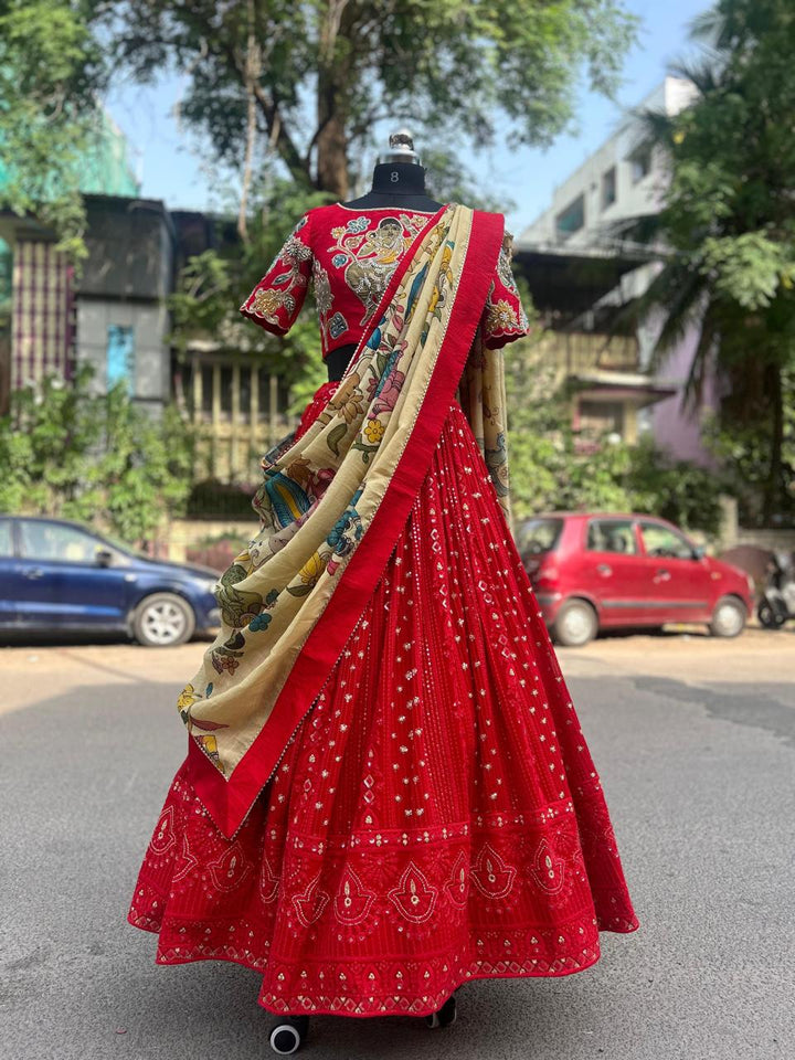 Red Kalamkari & Chikankari Lehenga