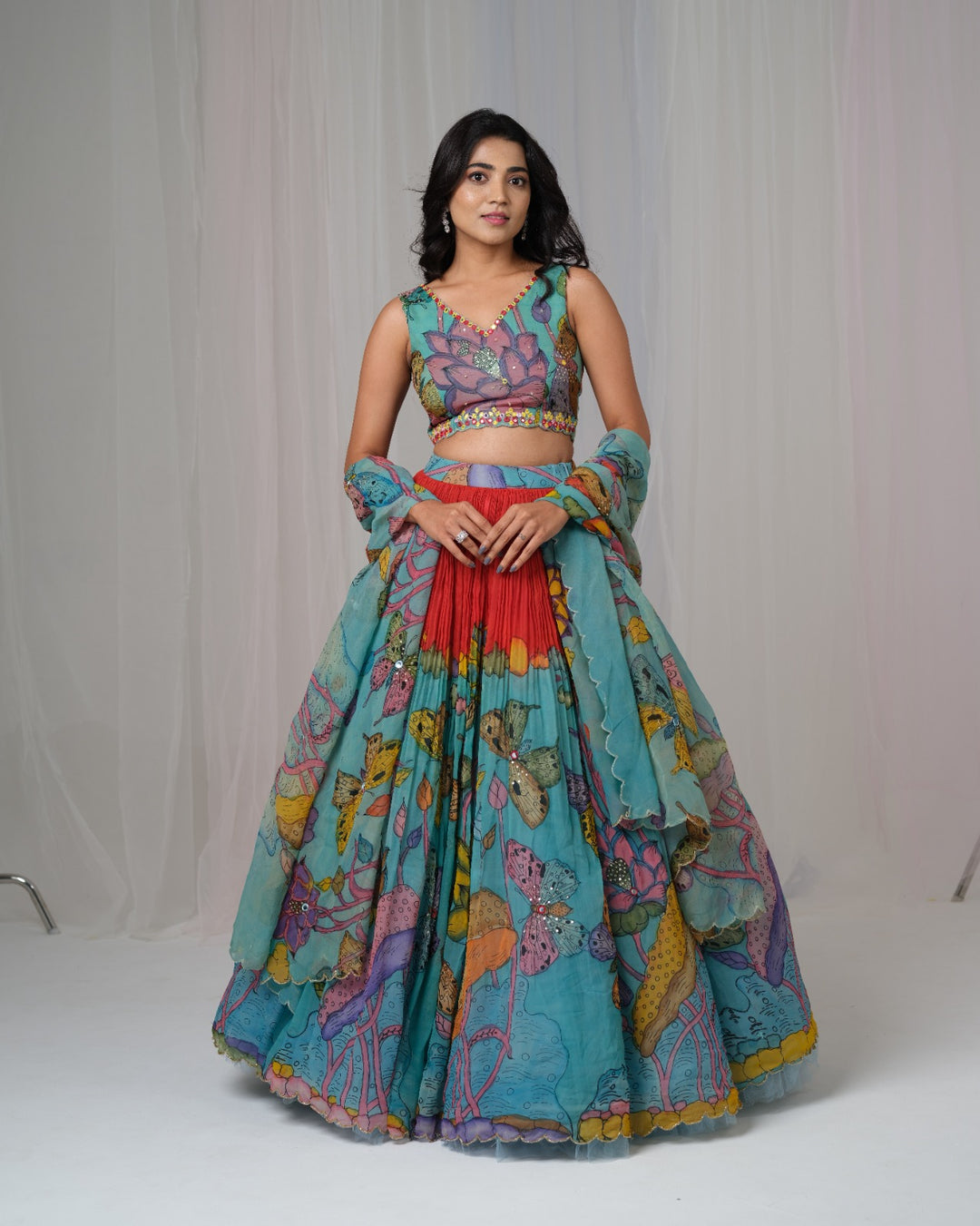 Sea Blue Organza Silk Pen Kalamkari Lehenga