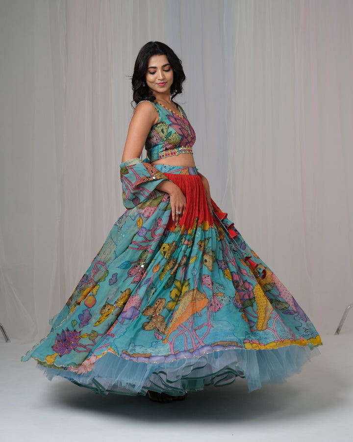 Sea Blue Organza Silk Pen Kalamkari Lehenga