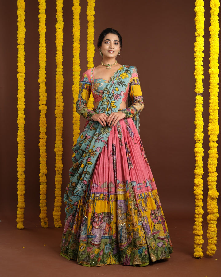 Peachish Pink Pen Kalamkari Lehenga