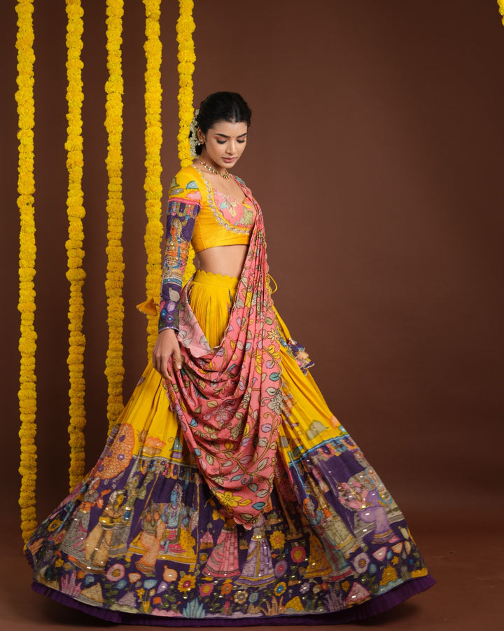 Yellow & Purple Pen Kalamkari Lehenga