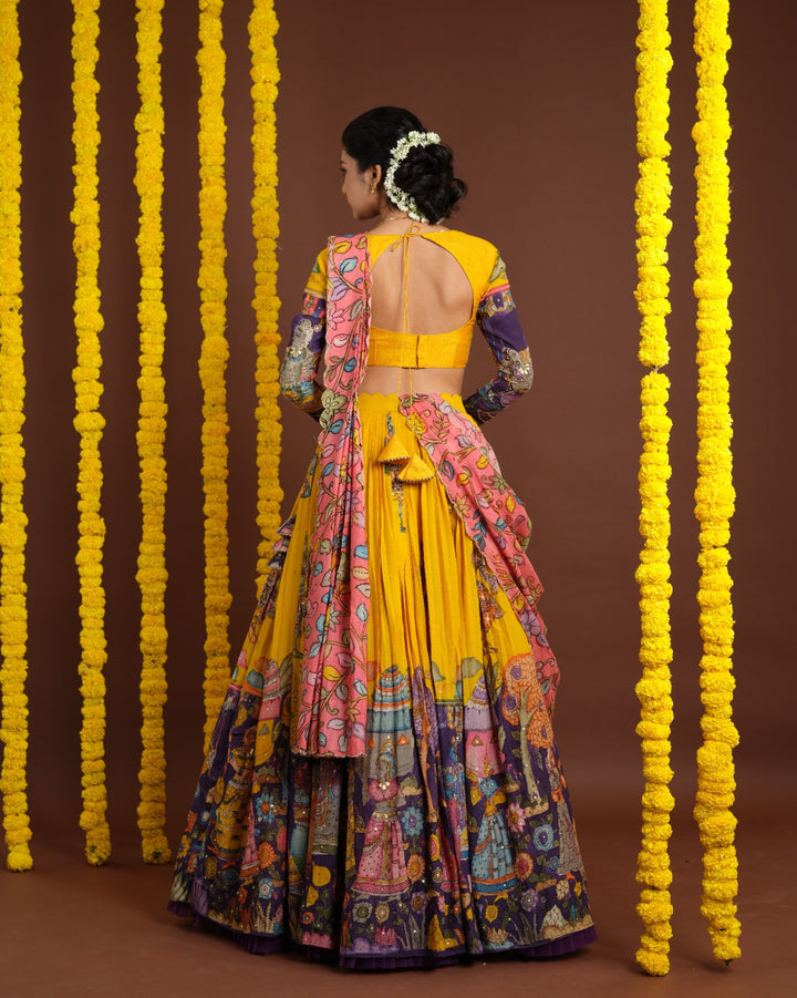 Yellow & Purple Pen Kalamkari Lehenga