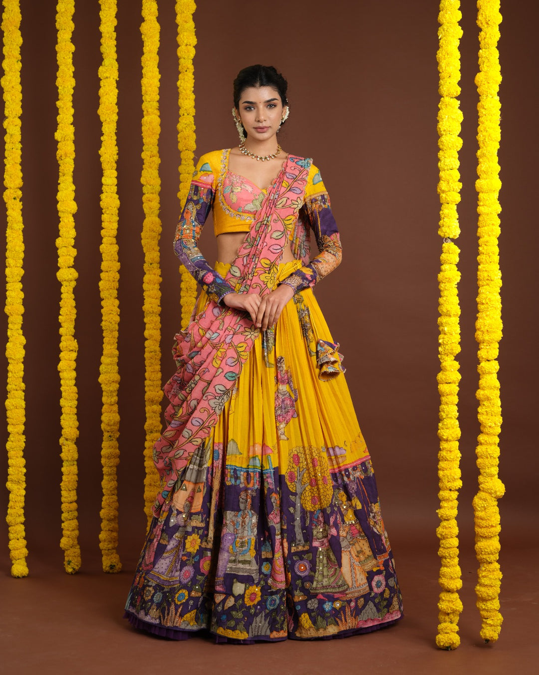 Yellow & Purple Pen Kalamkari Lehenga