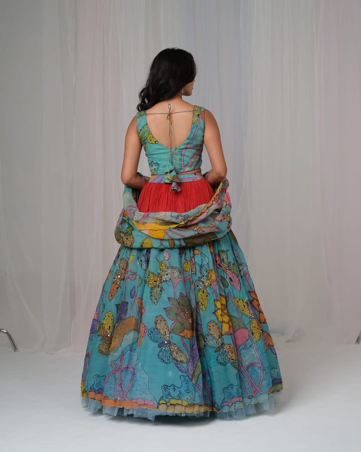 Sea Blue Organza Silk Pen Kalamkari Lehenga