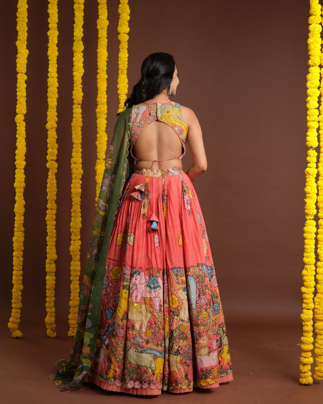 Peachish Pink Pen Kalamkari Lehenga