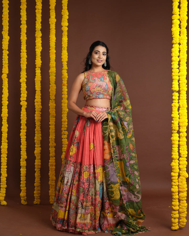 Peachish Pink Pen Kalamkari Lehenga