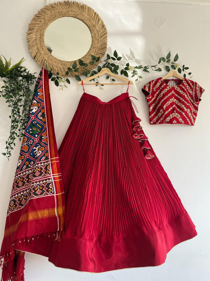 Red Natural Crape Silk Lehenga With Patola Dupatta