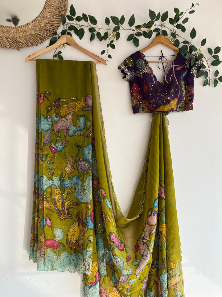 Green Pen Kalamkari Saree