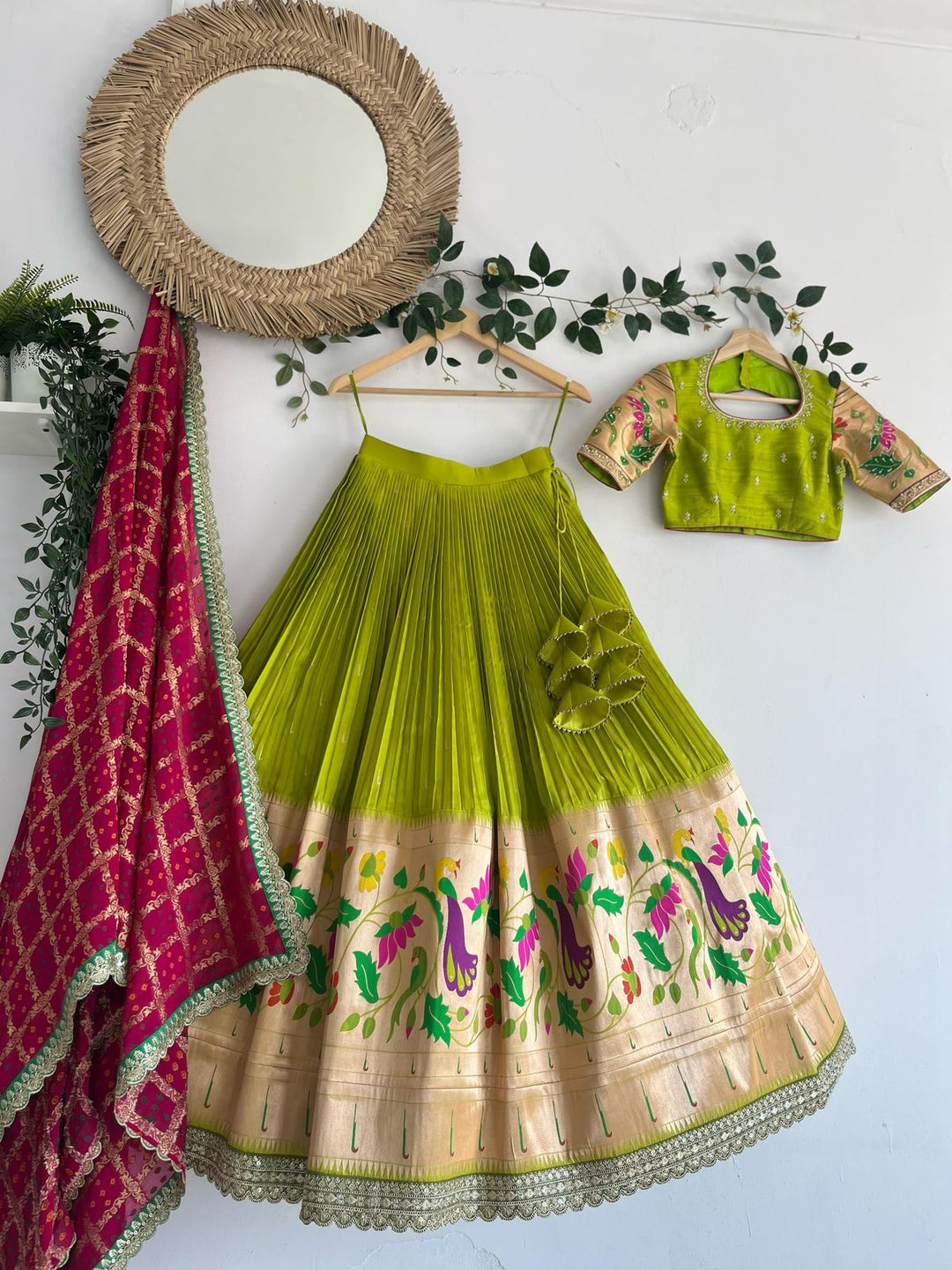 Pink & Green Paithani Silk Lehenga