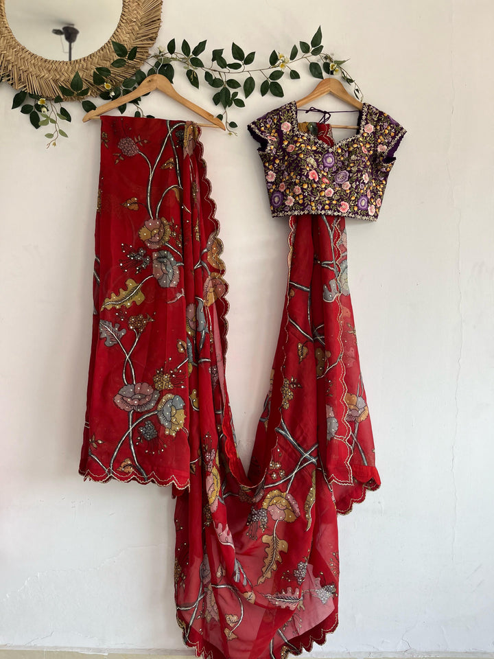 Dark Red Pen Kalamkari Organza Silk Saree