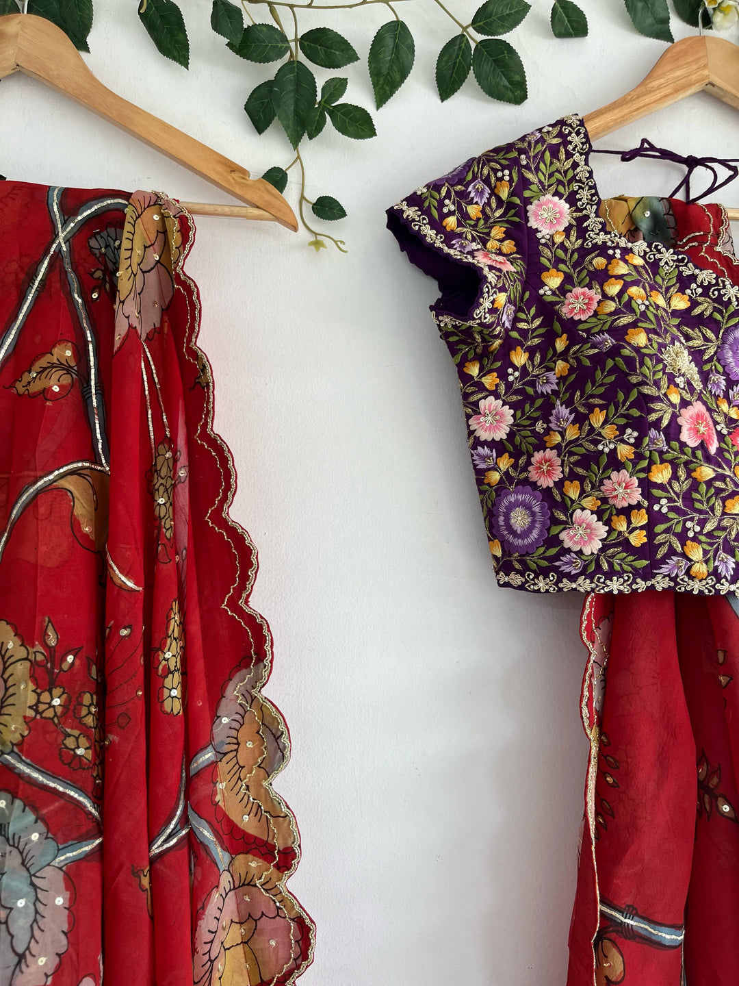 Dark Red Pen Kalamkari Organza Silk Saree