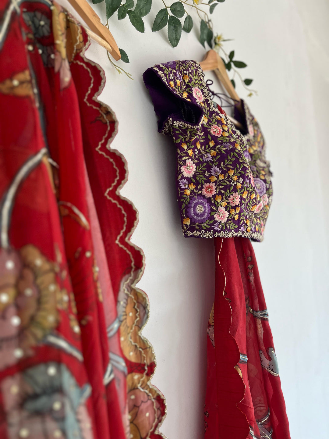 Dark Red Pen Kalamkari Organza Silk Saree