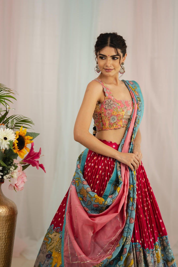 Red Kalamkari Silk Lehenga
