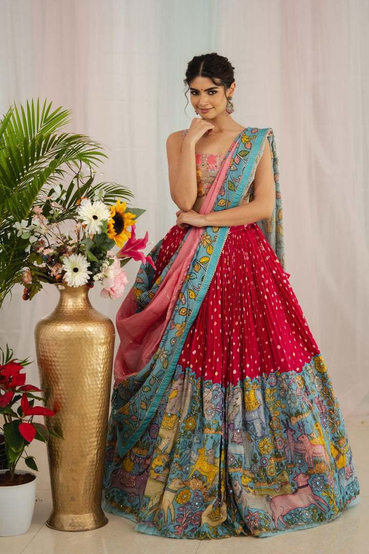 Red Kalamkari Silk Lehenga
