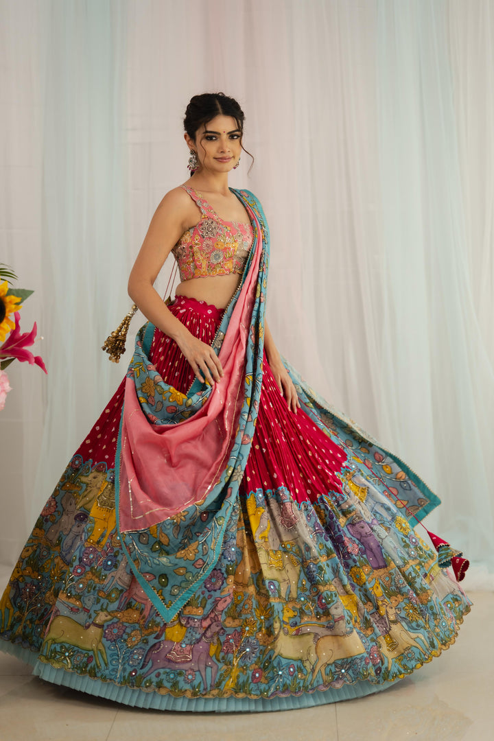Red Kalamkari Silk Lehenga